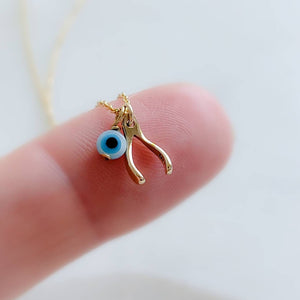 Tiny Wishbone & Evil Eye Necklace • Double Lucky Jewelry • Dainty Evil Eye Charm • Nazar Necklace • Protection Amulet • Lucky Wishbone