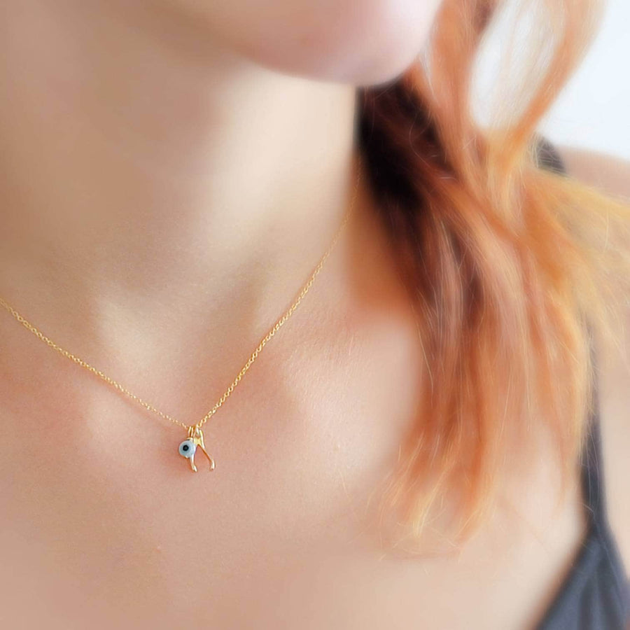 Tiny Wishbone & Evil Eye Necklace • Double Lucky Jewelry • Dainty Evil Eye Charm • Nazar Necklace • Protection Amulet • Lucky Wishbone