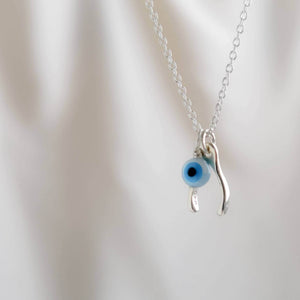 Tiny Wishbone & Evil Eye Necklace • Double Lucky Jewelry • Dainty Evil Eye Charm • Nazar Necklace • Protection Amulet • Lucky Wishbone