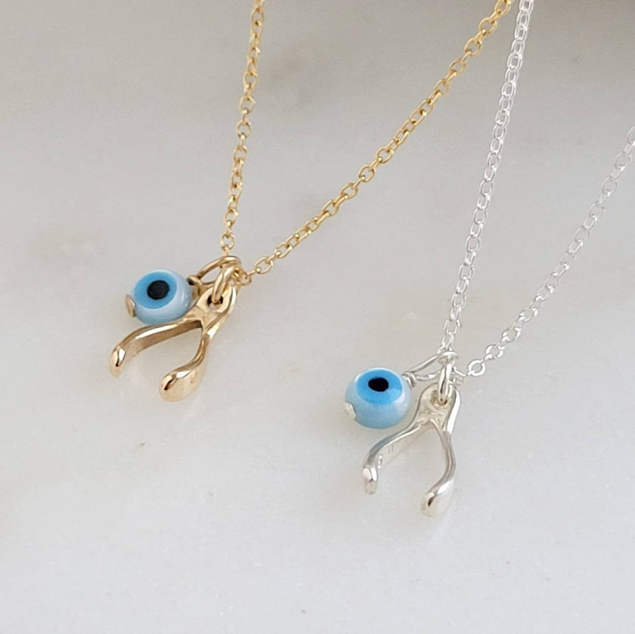 Tiny Wishbone & Evil Eye Necklace • Double Lucky Jewelry • Dainty Evil Eye Charm • Nazar Necklace • Protection Amulet • Lucky Wishbone