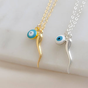 Italian Horn & Evil Eye Necklace • Protection Amulets • Dainty Layering Necklace • Gold Italian Horn • Lucky Charms • Waterproof Necklace