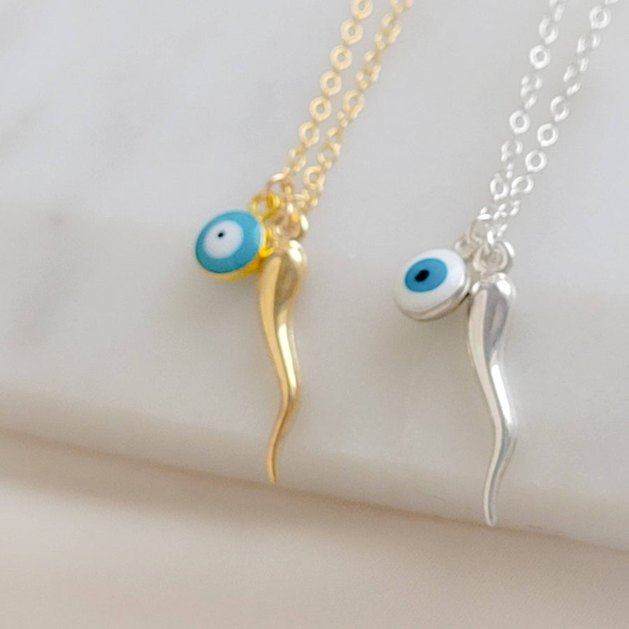 Italian Horn & Evil Eye Necklace • Protection Amulets • Dainty Layering Necklace • Gold Italian Horn • Lucky Charms • Waterproof Necklace