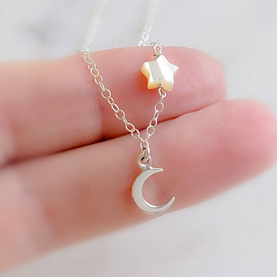 Tiny Crescent Moon & Star Necklace • Dainty Celestial Jewelry • North Star • Mother of Pearl Star • Symbol of Fertility • Gold Crescent Moon