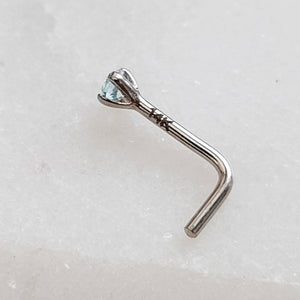 Light Blue Diamond CZ & 14k White gold L-Bend Nose stud, showing the 14k hallmark on a white background, by Studio Blue on Etsy