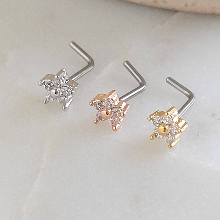 Sparkle Flower Nose Stud • L Bend Nose Stud • Diamond CZ Flower • Dainty Nose Jewelry • Waterproof • 20 Gauge