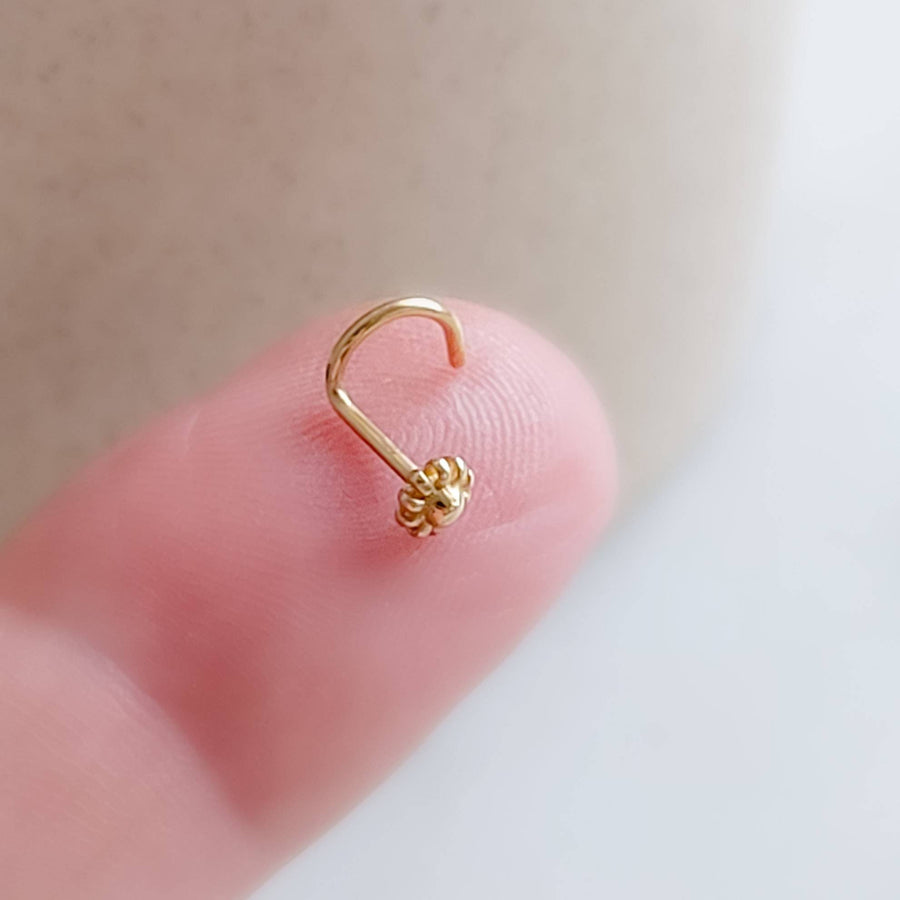 14K Gold Flower Nose Screw • 20 Gauge Nose Stud • Tiny Gold Flower • Dainty Nose Jewelry • Minimal and Delicate