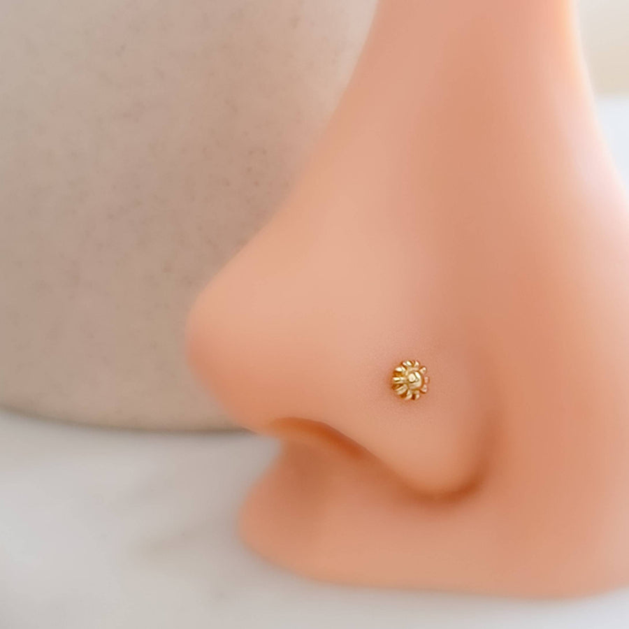 14K Gold Flower Nose Screw • 20 Gauge Nose Stud • Tiny Gold Flower • Dainty Nose Jewelry • Minimal and Delicate