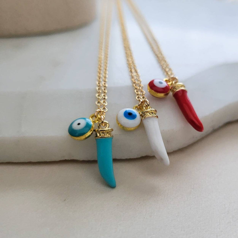 Colorful Italian Horn & Evil Eye Necklace • Enameled Cornicello • Lucky Layering Necklace • Evil Eye Charm • Talisman • Good Luck Gift