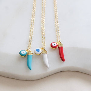 Colorful Italian Horn & Evil Eye Necklace • Enameled Cornicello • Lucky Layering Necklace • Evil Eye Charm • Talisman • Good Luck Gift