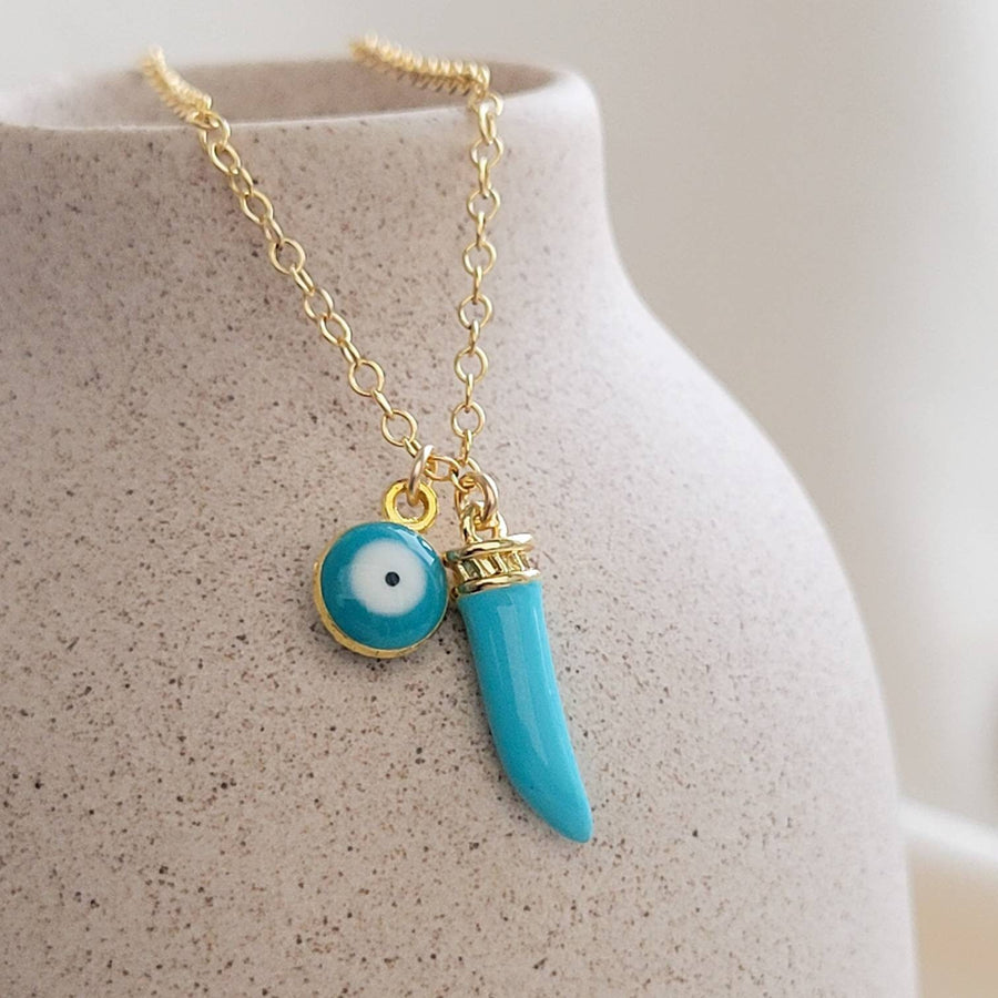 Colorful Italian Horn & Evil Eye Necklace • Enameled Cornicello • Lucky Layering Necklace • Evil Eye Charm • Talisman • Good Luck Gift