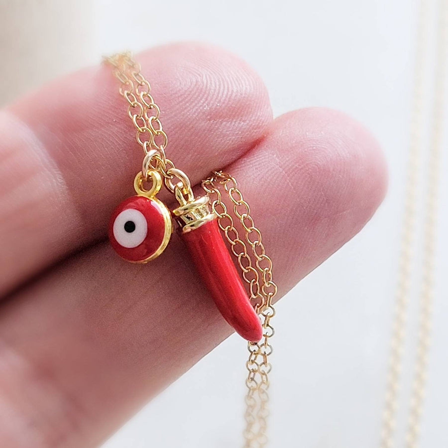 Colorful Italian Horn & Evil Eye Necklace • Enameled Cornicello • Lucky Layering Necklace • Evil Eye Charm • Talisman • Good Luck Gift