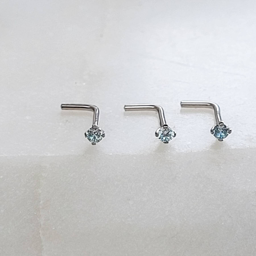 3 Light Blue Diamond CZ & 14k White gold L-Bend Nose stud, shown on a white background, by Studio Blue on Etsy