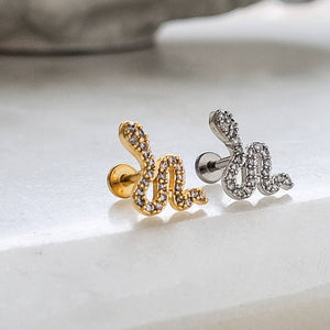 CZ Diamond Snake Stud • Flat Back Earrings • 16 Gauge Screw Back Studs • 316L Surgical Steel • Comfort Fit • Sleep In Earrings