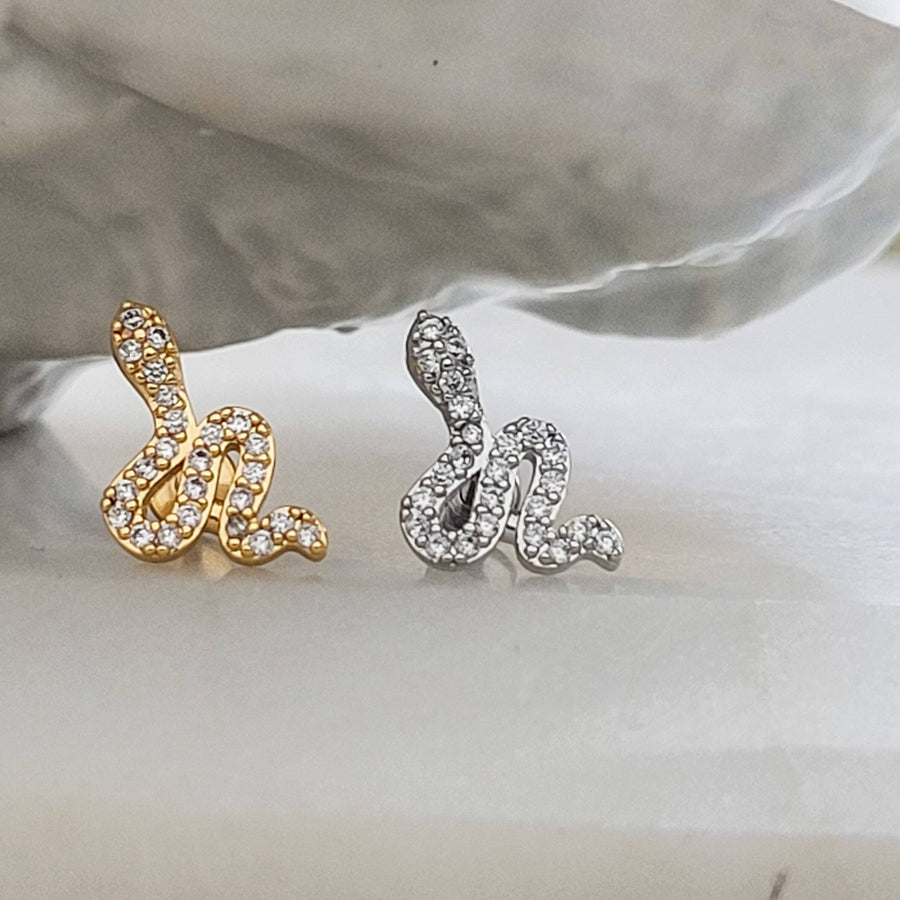 CZ Diamond Snake Stud • Flat Back Earrings • 16 Gauge Screw Back Studs • 316L Surgical Steel • Comfort Fit • Sleep In Earrings