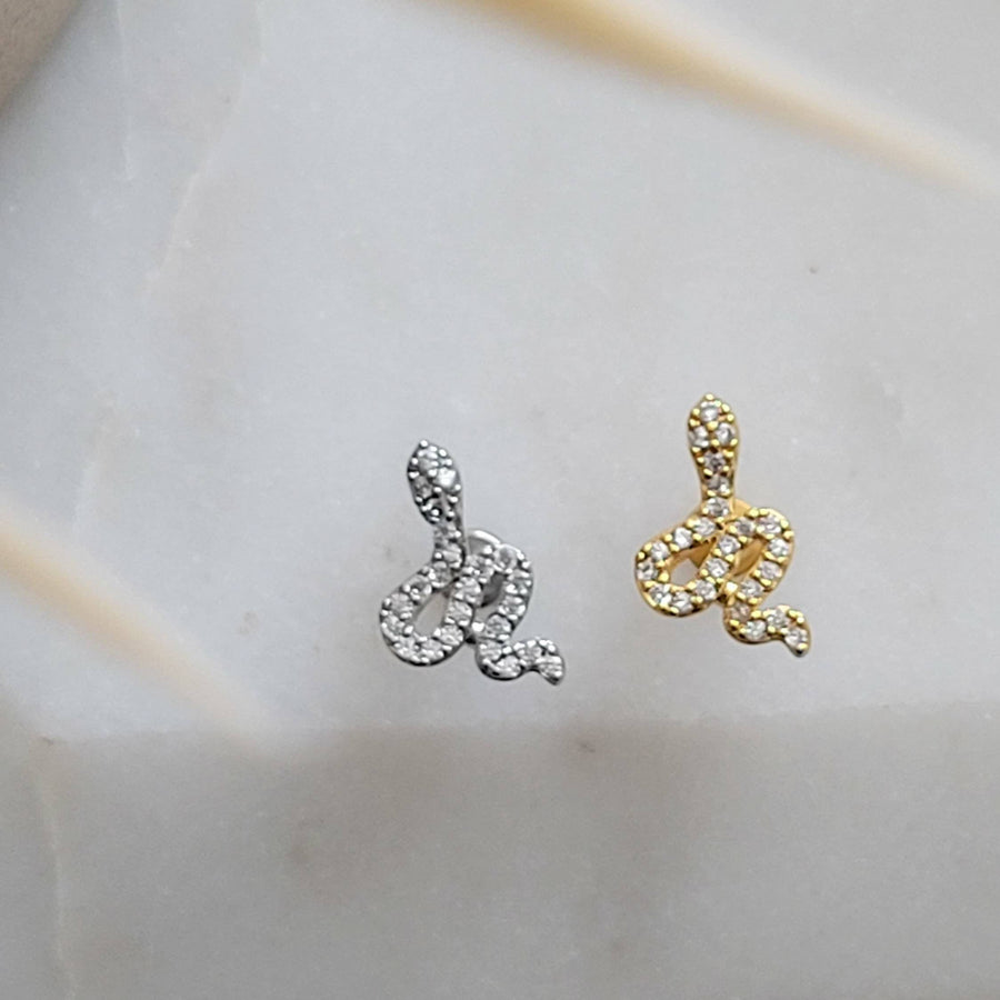 CZ Diamond Snake Stud • Flat Back Earrings • 16 Gauge Screw Back Studs • 316L Surgical Steel • Comfort Fit • Sleep In Earrings