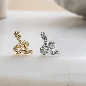 CZ Diamond Snake Stud • Flat Back Earrings • 16 Gauge Screw Back Studs • 316L Surgical Steel • Comfort Fit • Sleep In Earrings