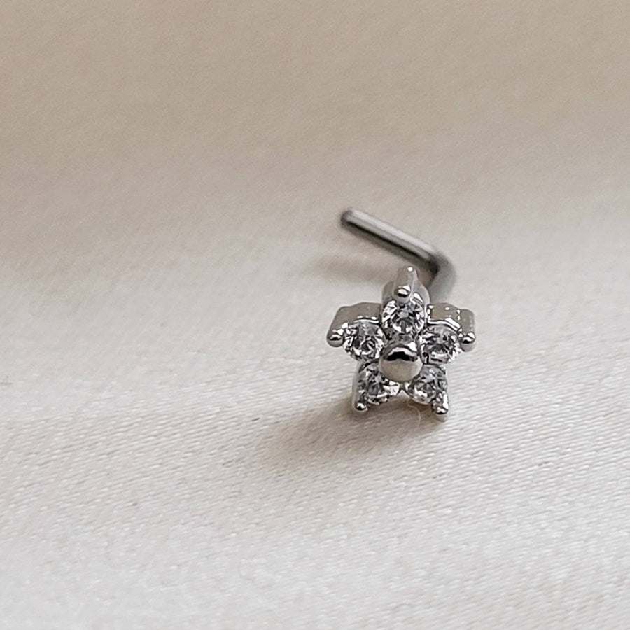 Sparkle Flower Nose Stud • L Bend Nose Stud • Diamond CZ Flower • Dainty Nose Jewelry • Waterproof • 20 Gauge