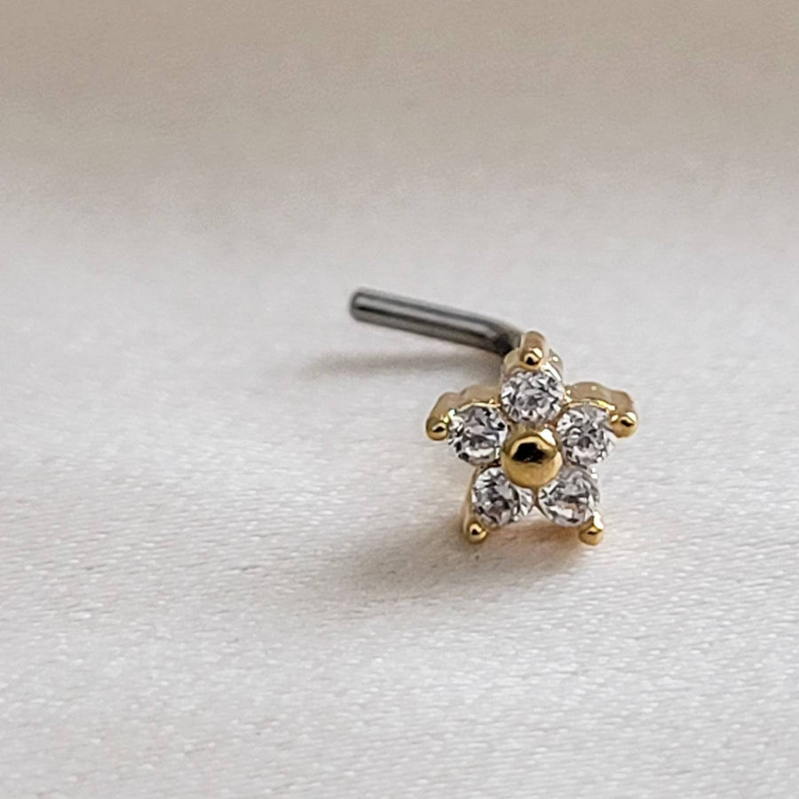 Sparkle Flower Nose Stud • L Bend Nose Stud • Diamond CZ Flower • Dainty Nose Jewelry • Waterproof • 20 Gauge