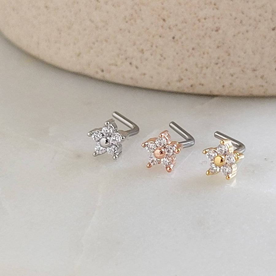 Sparkle Flower Nose Stud • L Bend Nose Stud • Diamond CZ Flower • Dainty Nose Jewelry • Waterproof • 20 Gauge