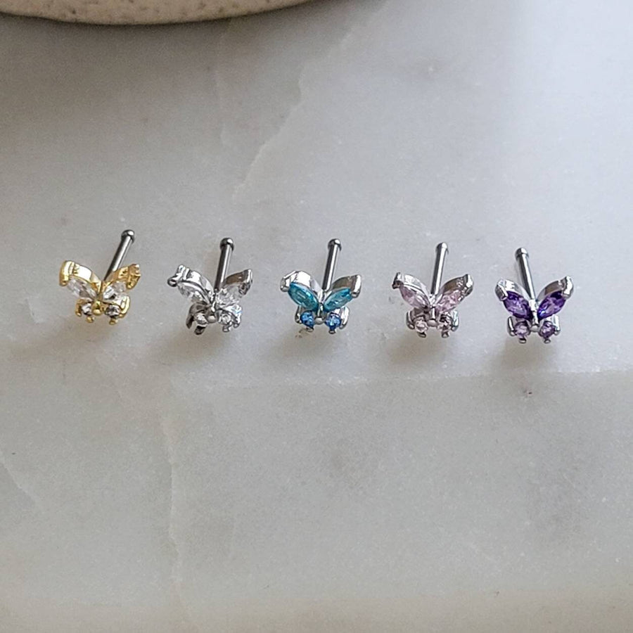 Butterfly Nose Bone • Diamond CZ Nose Stud • Purple Butterfly • Dainty Nose Jewelry • Tiny Butterfly Stud • Waterproof