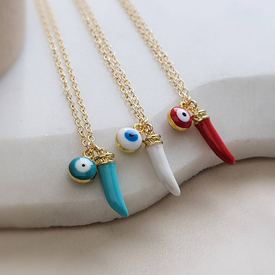 Colorful Italian Horn & Evil Eye Necklace • Enameled Cornicello • Lucky Layering Necklace • Evil Eye Charm • Talisman • Good Luck Gift