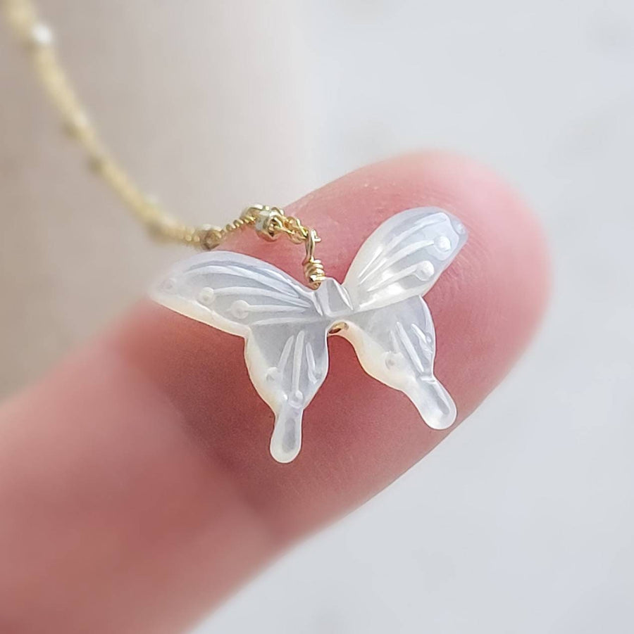 Butterfly Necklace • Hand Carved Mother of Pearl • Dotted Satellite Chain • Symbol of Transformation • Graduation Gift