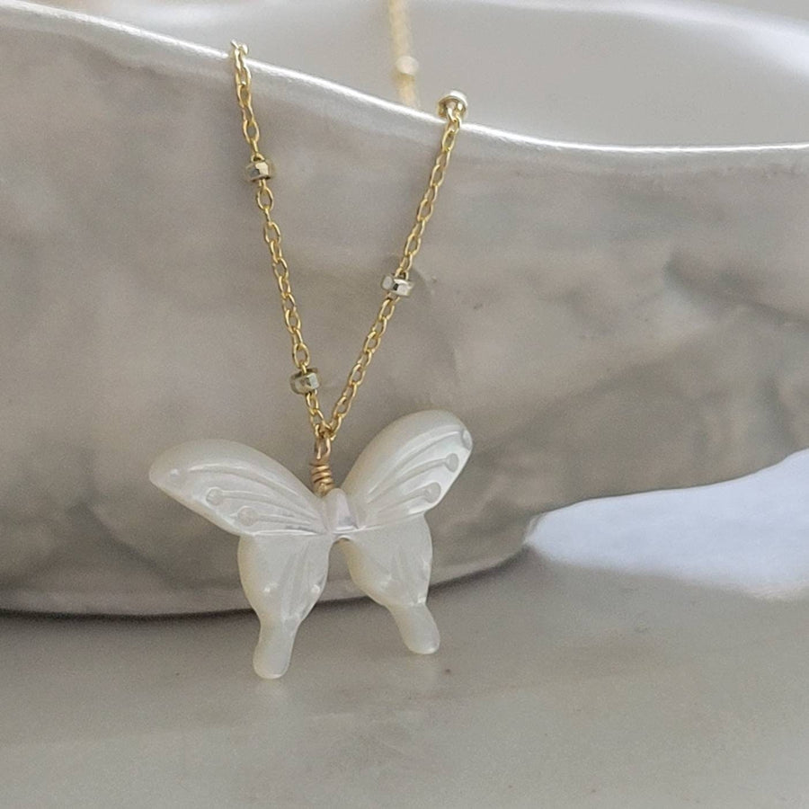 Butterfly Necklace • Hand Carved Mother of Pearl • Dotted Satellite Chain • Symbol of Transformation • Graduation Gift