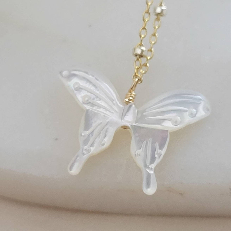 Butterfly Necklace • Hand Carved Mother of Pearl • Dotted Satellite Chain • Symbol of Transformation • Graduation Gift