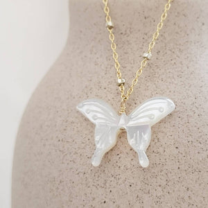 Butterfly Necklace • Hand Carved Mother of Pearl • Dotted Satellite Chain • Symbol of Transformation • Graduation Gift