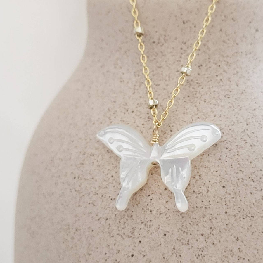 Butterfly Necklace • Hand Carved Mother of Pearl • Dotted Satellite Chain • Symbol of Transformation • Graduation Gift