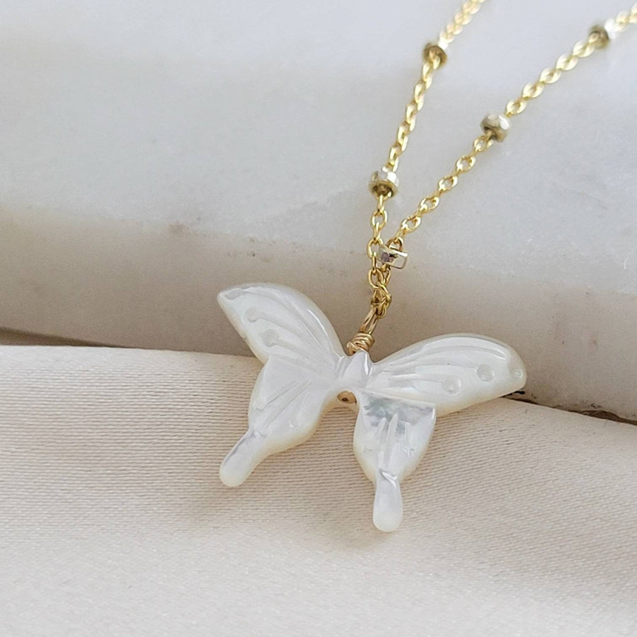 Butterfly Necklace • Hand Carved Mother of Pearl • Dotted Satellite Chain • Symbol of Transformation • Graduation Gift