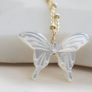 Butterfly Necklace • Hand Carved Mother of Pearl • Dotted Satellite Chain • Symbol of Transformation • Graduation Gift