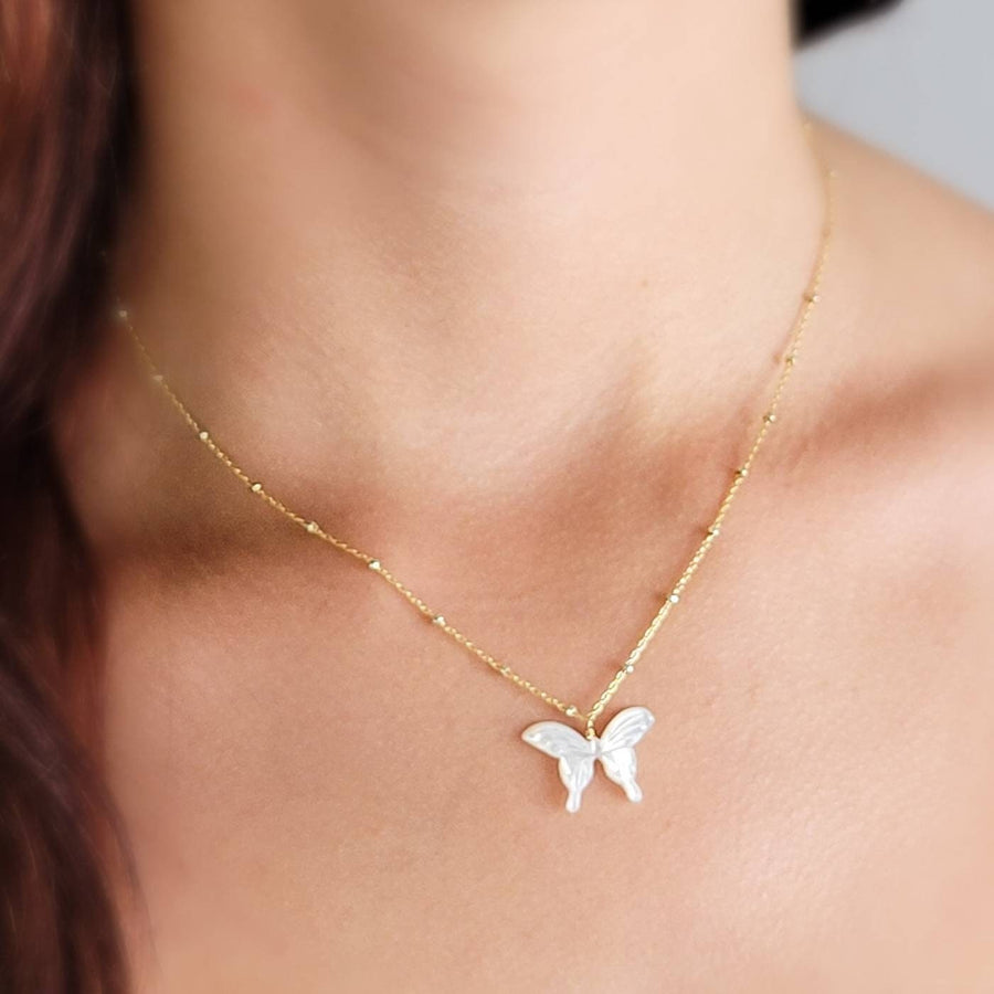 Butterfly Necklace • Hand Carved Mother of Pearl • Dotted Satellite Chain • Symbol of Transformation • Graduation Gift