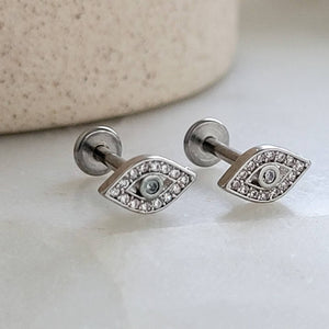 Diamond CZ Evil Eye • Flat Back Studs • Pavé Earrings • Body Jewelry • 316L Surgical Steel • Comfort Stud • 16G • Screw In Studs