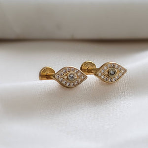 Diamond CZ Evil Eye • Flat Back Studs • Pavé Earrings • Body Jewelry • 316L Surgical Steel • Comfort Stud • 16G • Screw In Studs