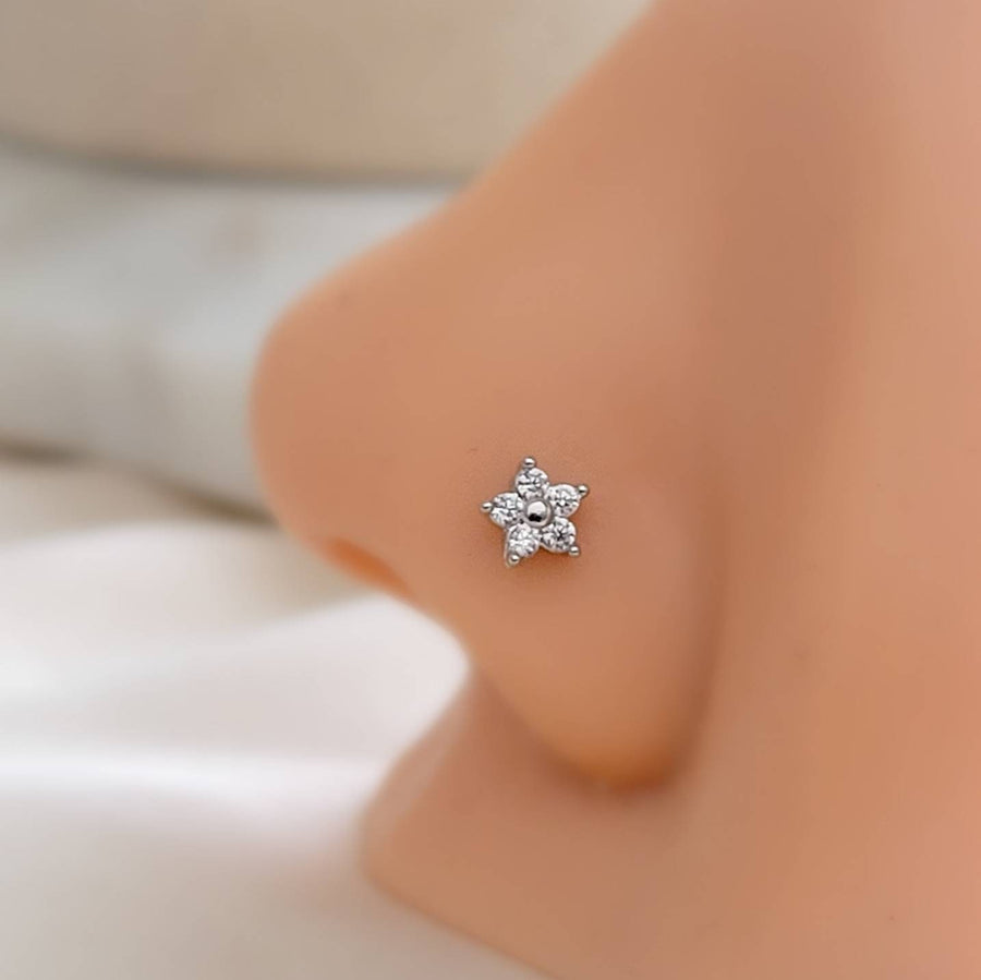 Sparkle Flower Nose Stud • L Bend Nose Stud • Diamond CZ Flower • Dainty Nose Jewelry • Waterproof • 20 Gauge