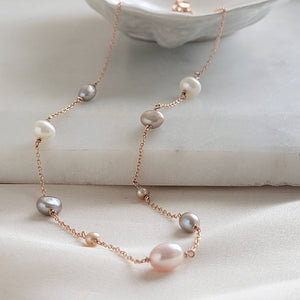 Multi Pearl Station Necklace • Mixed Pearls On A Delicate Chain • Dainty Colored Pearl necklace • Bridesmaid gift • Small Freshwater Pearls