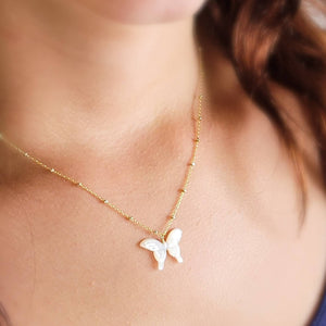 Butterfly Necklace • Hand Carved Mother of Pearl • Dotted Satellite Chain • Symbol of Transformation • Graduation Gift