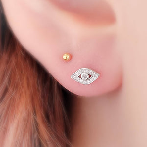 Diamond CZ Evil Eye • Flat Back Studs • Pavé Earrings • Body Jewelry • 316L Surgical Steel • Comfort Stud • 16G • Screw In Studs