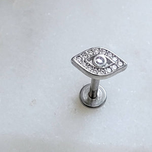 Diamond CZ Evil Eye • Flat Back Studs • Pavé Earrings • Body Jewelry • 316L Surgical Steel • Comfort Stud • 16G • Screw In Studs