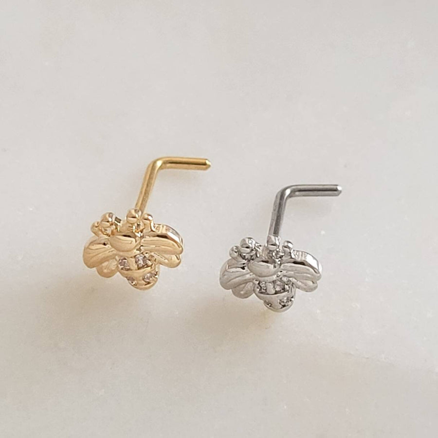 Little Bee Nose Stud • 20 Gauge L Bend • Nose Jewelry • Cubic Zirconia Accents • Cute Body Jewelry • Waterproof