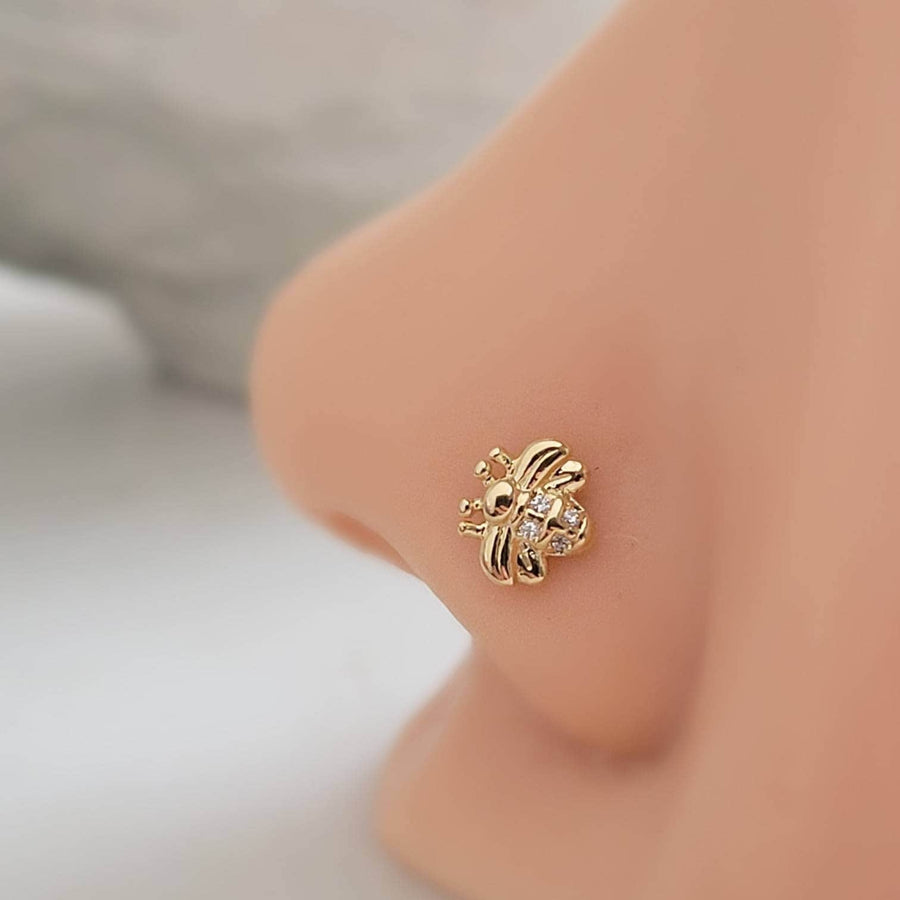 Little Bee Nose Stud • 20 Gauge L Bend • Nose Jewelry • Cubic Zirconia Accents • Cute Body Jewelry • Waterproof