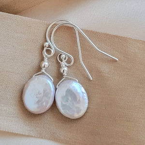 Dainty Coin Pearl Earrings • Delicate Pearl Drops • Oval Coin Pearl Earrings • White Freshwater Pearls • Bridesmaid Gift