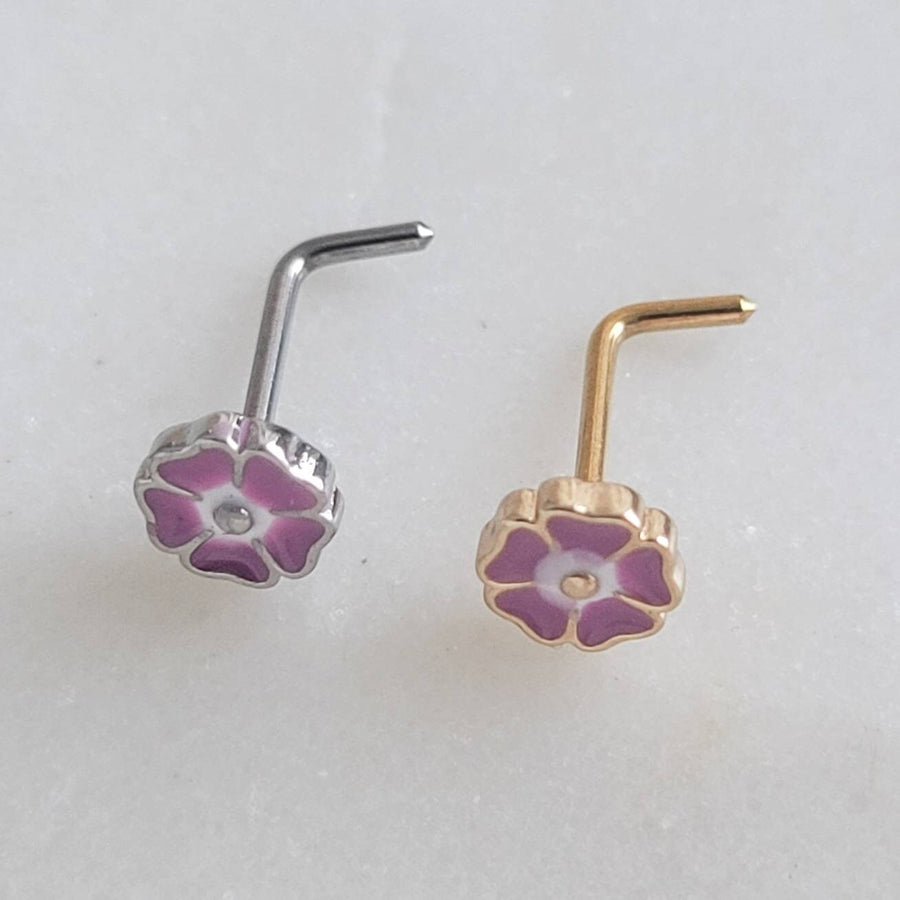 Poppy Nose Stud • Pretty Enameled Flower • Purple Flower Nose Jewelry • 20 Gauge Surgical Steel • Floral Nose Ring • L Bend