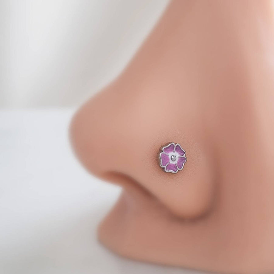 Poppy Nose Stud • Pretty Enameled Flower • Purple Flower Nose Jewelry • 20 Gauge Surgical Steel • Floral Nose Ring • L Bend