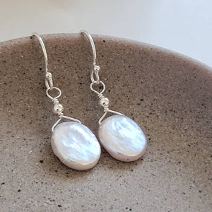 Dainty Coin Pearl Earrings • Delicate Pearl Drops • Oval Coin Pearl Earrings • White Freshwater Pearls • Bridesmaid Gift