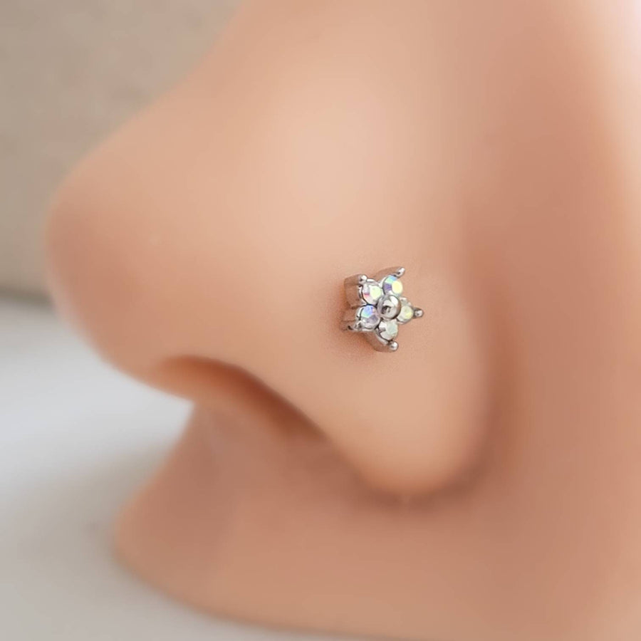 Sparkle Flower Nose Stud • L Bend Nose Stud • Diamond CZ Flower • Dainty Nose Jewelry • Waterproof • 20 Gauge