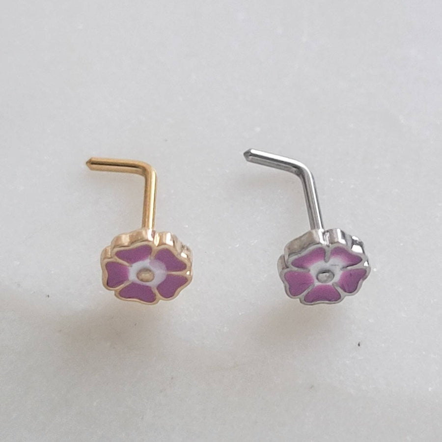 Poppy Nose Stud • Pretty Enameled Flower • Purple Flower Nose Jewelry • 20 Gauge Surgical Steel • Floral Nose Ring • L Bend