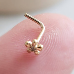 Tiny 14K Gold Flower Nose Stud With Tiny Diamond CZ Accent • Yellow Gold Nose Stud • Dainty Daisy Flower • Waterproof • 20 Gauge • L Bend