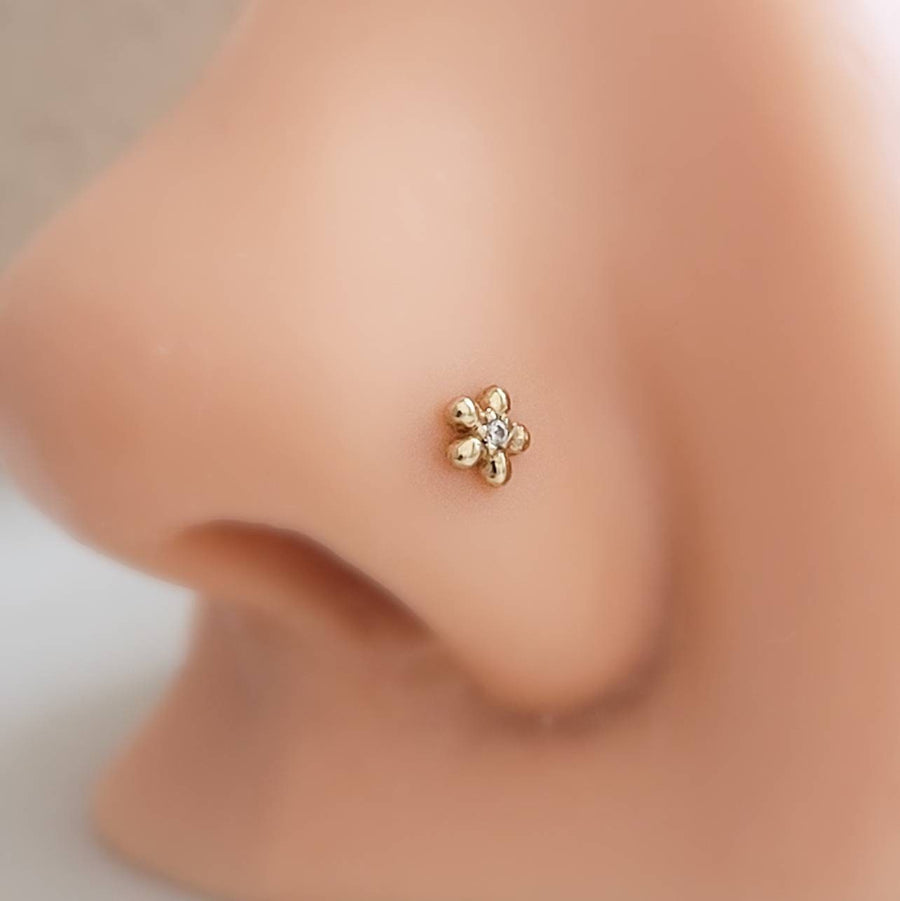 Tiny 14K Gold Flower Nose Stud With Tiny Diamond CZ Accent • Yellow Gold Nose Stud • Dainty Daisy Flower • Waterproof • 20 Gauge • L Bend